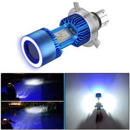 POOPEE Motorcycle LED Headlight, H4/HS1, Hi/Lo LED Bulb, Cordless, Integrated, 30W, DC9-36V, High Brightness, 3200LM, Waterproof, Non-Polarity, Equipped with Cooling Fan, White & Blue Angel, 6000K,