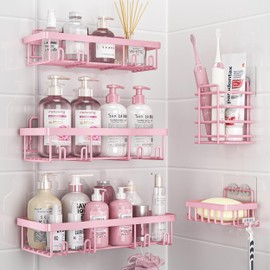 Liuoud 5 Pack Shower Caddy Organizer Rack Shelf for Inside Shower, Adhesive Bathroom Wall Storage Basket Rustproof Stainless Steel Shampoo Holder, Girly Bathroom Accessory Decor Set, Pink