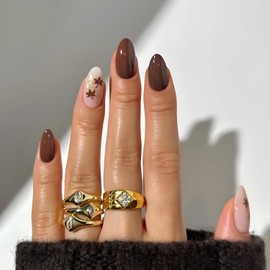 24Pcs Fake Nails Fall Press on Nails Short Almond Nails Press Ons Maple Leaf False Nails with Gold Glitter Design Glossy Full Cover Glue on Nail DIY Stick on Nail for Women and Girls