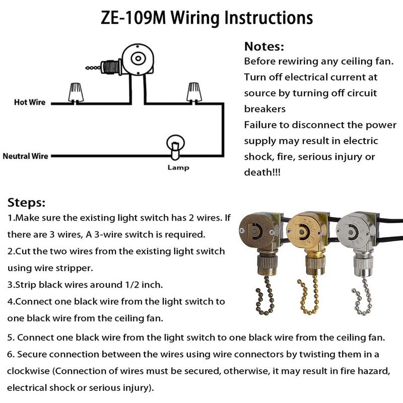 Akahttbn Ceiling Fan Light Switch Metal Zing Ear ZE-109M,Two-Wire ON-Off