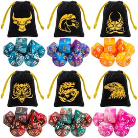 DND Dice, QMAY 6 x 7 Set Polyhedral Double-Color Dice Sets with 6 Gold Pattern Drawstring Pouches for Dungeon and Dragons MTG Table Games RPG DND D20 D12 D10 D% D8 D6 D4