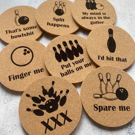Funny Bowling Themed Cork Coasters Set of Eight