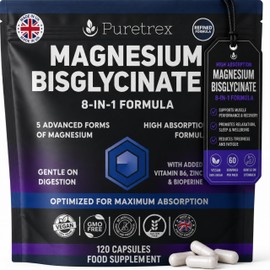 Puretrex Magnesium Glycinate 8 in 1 Complex, High Absorption Magnesium Capsules for Muscle & Relaxation Support, 5 Advanced Forms with Bisglycinate, Vegan, Non GMO, Made in UK, 120 Capsules