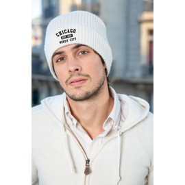 Chicago Windy City Est. 1837 Ribbed Beanie Knit Hat White