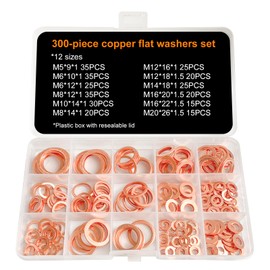 300 PCS Copper Sealing Rings Assortment Set, 12 Sizes Copper Metric Flat Sealing Washers Kit, Flat Washers Kit,Sump Plug Gasket Crush Washer Assortment,with Storage Box,M5 M6 M8 M10 M12 M14 M16 M20