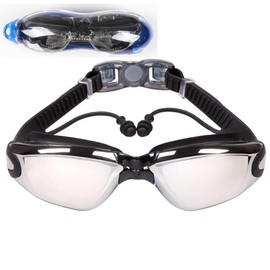 HSTWODE Optical Swimming Goggles with Prescription One-Piece Swimming Goggles with Earplugs, Dioptres: -1.5 to -8.0, Anti-Fog UV Protection, Free Beautiful Box (Black, Plated -5)
