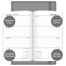 2026 A5 Diary Week To View - Grey Soft Faux Leather Cover Elastic Closure - 2026 Year Planner Business Work Study Travel Organiser