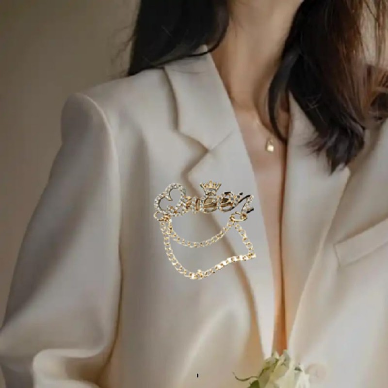 Crystal Crown Queen Brooch Pin with Rhinestones and Double Chain,