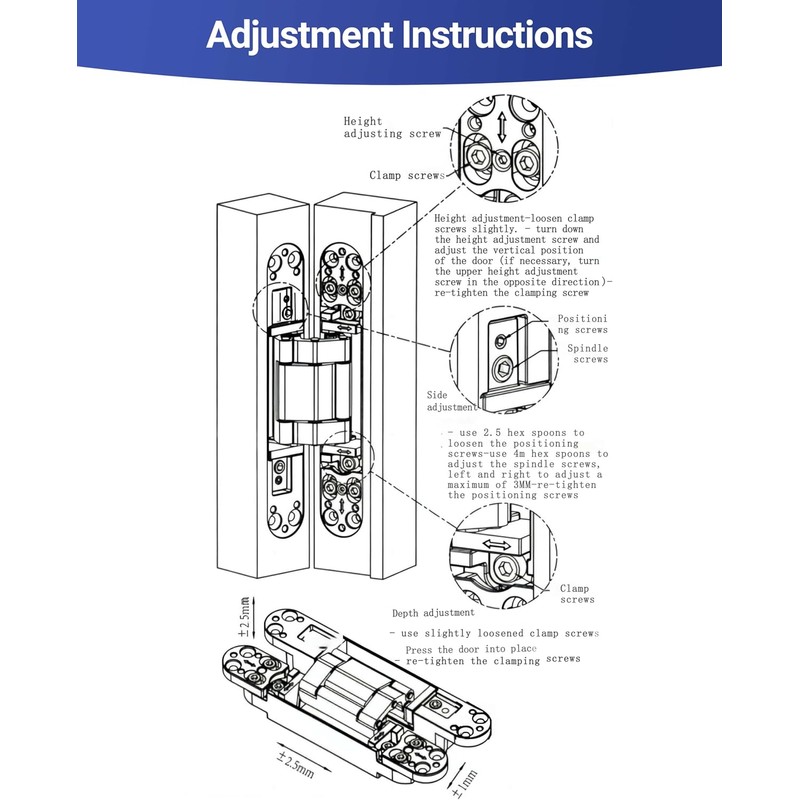 7 Inch Invisible Door Hinges (2 Pack), 3D Adjustable Hidden