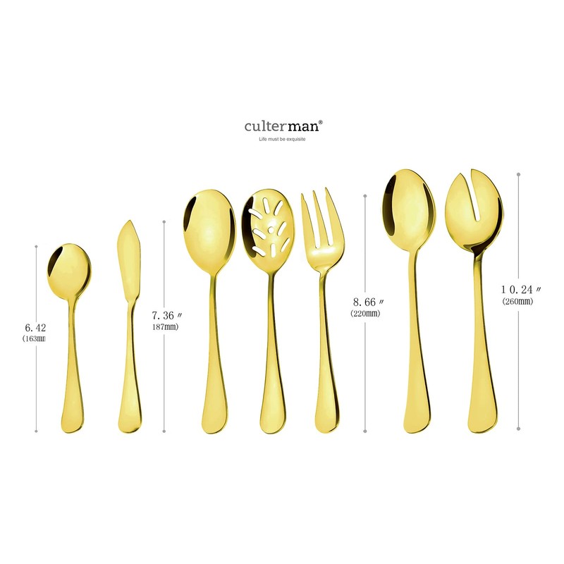 Juego de utensilios dorados para servir. Juego de cubiertos de