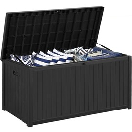 WenHaus 120 Gallon Patio Storage Box, Outdoor Storage Box Waterproof, Lockable Large Resin Deck Box, Storage Container for Patio Furniture Cushions, Garden Tools,Black