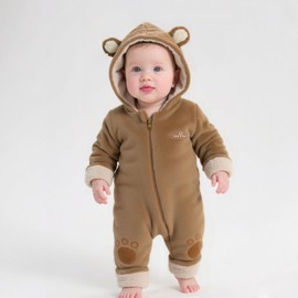 maxToonrain Little Bear Baby Pram Suit with Zipper Baby Snowsuit Newborn Infant 0-12 Month Hooded Romper flannel Fall Winter Outfits (Brown, 0-3 Month)