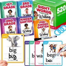 QUOKKA 520 Sight Words Flash Cards for Kids – 5 Levels from Pre-K to 3rd Grade – Bold Font & Jumbo Size & Dry Erase Color-Coded Cards with Rings for Sorting – Based on Dolch & Fry Word Lists