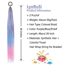 26 Inch Hair Tinsel Colored Braided Ponytail Extension 2 Pack Blue Pink Gradient Hair Extensions Ponytail with Elastic Tie Straight Sleek Wrap Around 