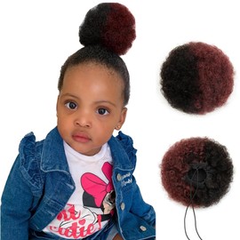 Small Kids Afro Puff Real Human Hair Ponytail for Baby Black Women Short Kinky Curly Ponytail Extensions Drawstring Ponytail Fake Buns African American 4c Half Natural Black Half Wine Red 4 Inch 30g