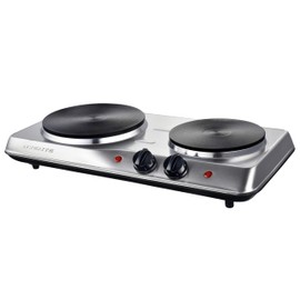OVENTE Electric Countertop Double Burner, 1700W Cooktop with 7.25" and 6.10" Cast Iron Hot Plates, Temperature Control, Portable Cooking Stove and Easy to Clean Stainless Steel Base, Silver BGS102S