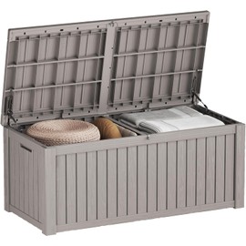 120 Gallon Pro Outdoor Deck Box - Weatherproof Lockable Storage Bench with Lid, Waterproof Resin Storage Box for Patio Furniture, Garden Tools, Pool Accessories, UV-Resistant for All-Weather, Greige