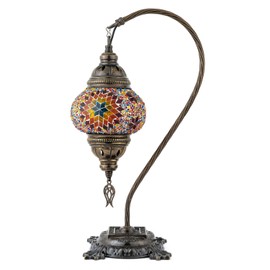 Kafthan Turkish Moroccan Mosaic Lamp – Handmade Glass Swan Neck Bedside Lamp with Antique Brass Base, Ideal Decor for Bedroom, Office, Living Room – Bulb Included (Multicolor Center Star)