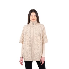 SAOL Women's Irish Cardigan Made of 100% Merino Wool Ireland Poncho with Front Pockets (Parsnip, Large-X-Large)