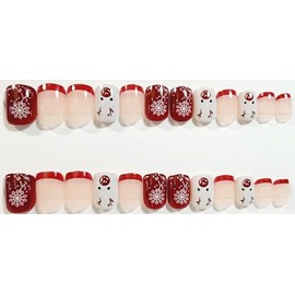 Happy Reindeer French Manicure Glossy Extra Short Squoval Press On Nails - 24 Pieces - Artificial Nails - Christmas Nails