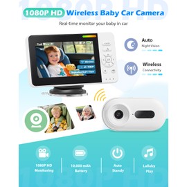 Elzeeo Wireless Baby Car Camera with Upgraded Auto Night Vision, 1080P HD Car Baby Monitor with 360° Adjustable, Easy Install Rear Facing Carseat Mirror, Newborns Travel Essentials Gifts - White