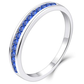 YL Women's Eternity Ring 925 Sterling Silver Cut 12 Birthstone 5A Cubic Zirconia Anniversary Engagement Ring, Silver, Sapphire