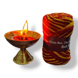 Brass Diya Oil Lamp with Diya Bati, Moli/Kalawa for Aarti, Diwali, Navratras, Lighting, Hawan Puja, Hindu Puja Deepak with Jott Bati and Roli
