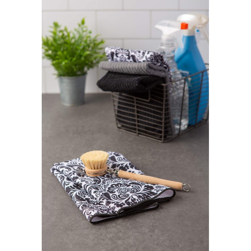 DII Cleaning Collection Multi-Purpose Microfiber, Black Damask, Dishtowel Set