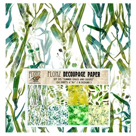 Flonz Decoupage Paper Pack (24 Sheets 6''x6'') Summer Grass and Leaves FLONZ Vintage Styled Seamless Pattern Paper for Decoupage, Craft and Scrapbooking