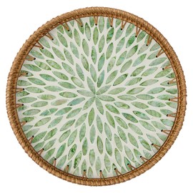 Round Rattan Tray for Home Decor 11.8 inch, Serving Tray with Mother of Pearl Inlay, Wicker Basket for Coffee Table, Hand Woven Decorative Tray (Green)