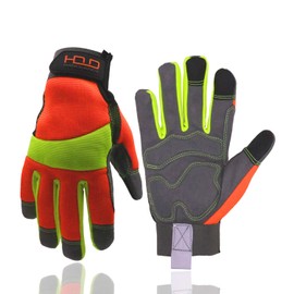 HANDLANDY Hi-vis Reflective Work Gloves, Anti Vibration Safety Gloves, Touch Screen, Orange Flexible Spandex Back (Small, Hi-Vis Yellow Orange)