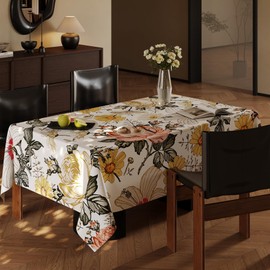 Bezieaway Spring Table Cloth Rectangle - 60 x 120 Inch White Floral Printed Tablecloths Spillproof Wrinkle Resistant Soft Polyester Oblong Table Cover