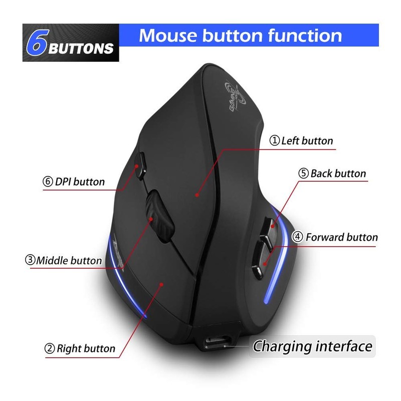 ZELOTES Kabellose Maus, kabellos, 2,4 GHz, ergonomisch, mit 6 Tasten,
