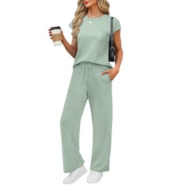 WIHOLL Womens Loungewear Set 2 Piece Travel Airport Outfits on Plane Summer Lounge Set Dressy Short Sleeve Beach Vacation Clothes Wide Leg Pants Pajama Sets Comfy Soft Workout Sets Cream Green L