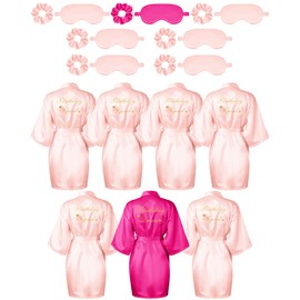 Neer 21 Pcs Women Birthday Party Robe Set Queen Squad Kimono Satin Bathrobes with Eye Mask and Scrunchie for Birthday(Rose Red, Pink)
