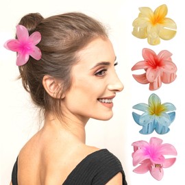 Emperoch 4 Pcs Hawaiian Flower Hair Clips, 7.2cm Flower Hair Claw Clips, Colourful Acrylic Hair Clips, Non-Slip Hair Jaw Clips, Plumeria Cute Plumeria Hair Styling Clip for Women and Girls