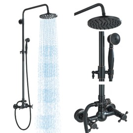MOSSON Rain Shower System Oil Rubbed Bronze Outdoor Shower Faucet Set with 8 Inch Rainfall Shower Head Handheld Spray 2 Cross Handles Wall Mounted Bathroom Shower Fixtures Solid Brass