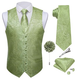 DiBanGu Mens Paisley Vest Tie Set with Lapel Pin Tie Clip 7PCS Silk Woven Necktie and V-Neck Suit Waistcoat for Tuxedo Party, Sage Green, Large