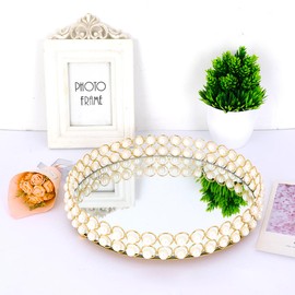 12 Inches / 30 cm Round Metal Mirror Perfume Tray for Bathroom Makeup Vanity Jewelry Cosmetics Storage Trays Mirror Pearl Fruit Display Tray
