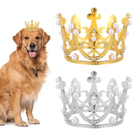 2 Pack Small Dog Crown Headband Rhinestone Faux Pearl Crowns Silver Gold Rhinestone Faux Pearl Crowns Pet Birthday Party Crown for Birthday Party Adoption Celebration Photos