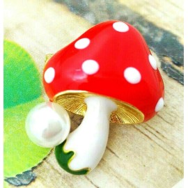 Unbranded Delightful MAGIC Mushroom Polka Dot Gold PEARL Red Enamel Brooch Red