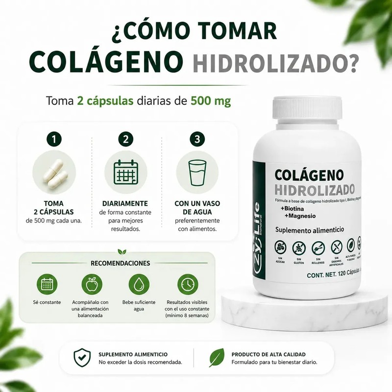 Colágeno Hidrolizado Biotina 120 Caps Piel Cabello Uñas Sin Sabor