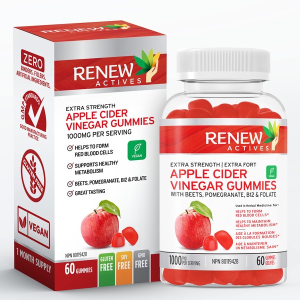 Renew Actives Apple Cider Vinegar Gummies, 500mg with Beetroot & Pomegranate for an Antioxidant Boost, 100% Organic ACV Gummies with Mother, Vitamins B12, & Folate for Digestion, Weight Management, and Total Body Health, - 60 Chewy Supplements