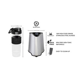 Mironi Personal Smoothie Blender 2-in-1 Single Serve Blender, Mini Bullet Blender 500W With 20 Ounce Tritan Sports Bottle and Grinder Cup for Juices, Shakes, Smoothies and More Stainless Steel