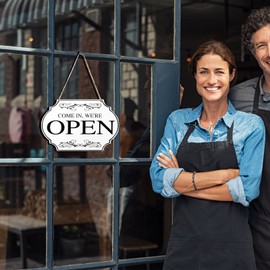 Rustic Wooden Store Open and Closed Business Sign Two Sided Reversible Come In We're Open or Closed Store Hanging Sign for Coffee Bar Shop Door Window, 11.8 x 7.8 Inch (White Boards, Black Words)