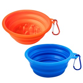 Collapsible Large Dog Bowls (34oz/1000ml), 2 Pack Pet Travel Foldable Water Bowl and Food Slow Feeder with Carabiners, Portable Essential Set for Walking, Travel, and Hiking (Orange/Blue, Large)