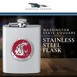 Heritage Pewter Washington State Cougars Flask | 8 Ounce Liquor Flask Container - Stainless Steel | Intricately Crafted Metal Pewter Alma Mater Inlay
