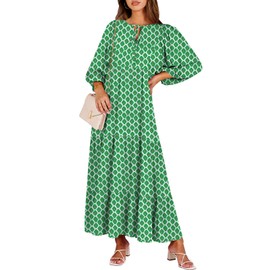 ANRABESS Womens Boho Maxi Dresses 2025 Summer V Neck Puff Sleeve Floral Flowy Swing Casual Long Dress Light Green XX-Large
