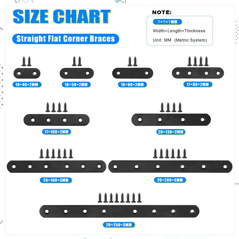 Glarks 20 Sets 60mm Flat Straight Corner Brace Black Metal
