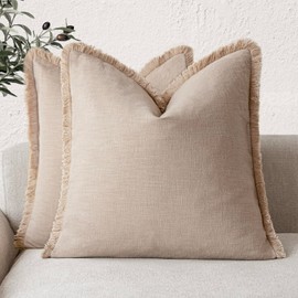 Foindtower Set of 2 Decorative Linen Fringe Throw Pillow Covers Boho Farmhouse Cushion Cover with Tassels Soft Accent Pillowcase for Couch Chair Sofa Bed Living Room Home Decor,20×20 Inch,Tan Beige
